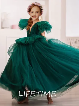 Зелена рокля с цветя модел за момичета на сватбата 2022, елегантна принцеса рокля с къси ръкави за детски рожден ден, празник рокля Vestidos De Новия