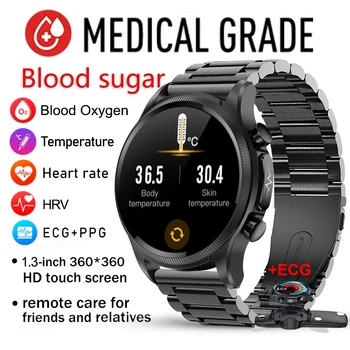 SACOSDING ЕКГ ТОЧКИ здрави смарт часовници мъжки 360 * 360 HD екран Нивото на кръвната захар, сърцето следи кръвното налягане Термометър умен часовник