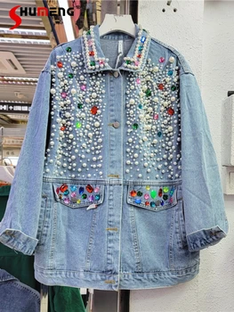 Дамски дънкови яке с разноцветни кристали, расшитая мъниста, модни новост есента 2023 г., европейски перли с дълъг ръкав, дънкови якета за отслабване Ladeis