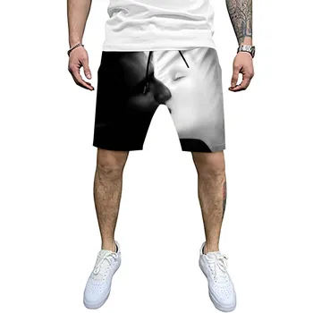 шорти с 3D принтом Черно-бели Контрастни гащички Бански до коляното Летни мъжки къси панталони Градинска ежедневни облекла Pantalones Cortos