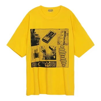 CAVEMPT 23ss Перална Скелетна Геометрична Тениска за мобилен телефон С принтом Лимон-Жълт Цвят, Мешковатая Тениска С кръгло деколте и Къс Ръкав За мъже И Жени