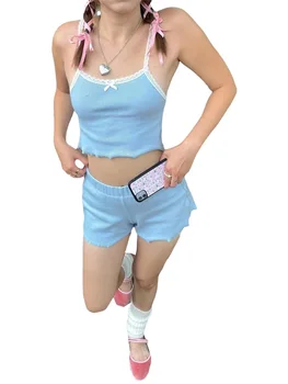 Жена комплект за почивка при равенство-боя Y2K, пижамный комплект от 2 теми, спортен костюм, съкратен топ без ръкави, с къси панталони, комплект дрехи за почивка, градинска облекло