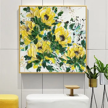 Модерно ръчно рисувани с маслени бои Красива цвете текстура Квадратен висококачествен домашен декор Хол, спалня, веранда рисувани Стенни