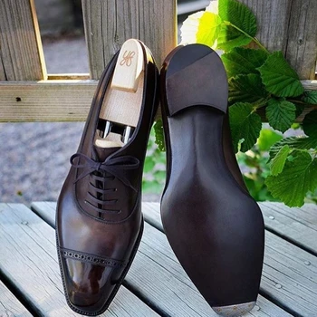 Кафяви мъжки обувки-дерби, черен бизнес мъжки модел обувки дантела с кръгло бомбе, сватбени обувки са ръчно изработени, безплатна доставка