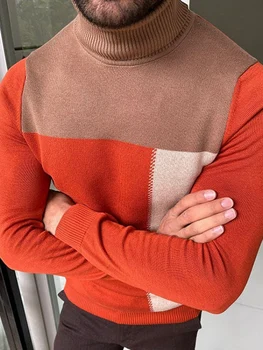 Мъжки оранжево вязаный пуловер с висока воротом, оборудвана