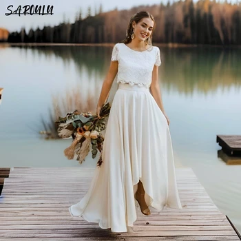Сватбена рокля в плажен стил от две части, шифоновый завързана сватба облекло, богемное сватбена рокля с къс ръкав Vestidos De Новия