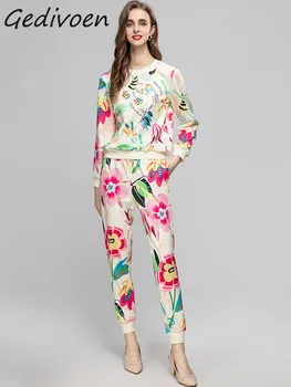 Gedivoen / летен моден подиумный комплект панталон с винтажным цветисти принтом, дамски топ с кръгло деколте и дълъг ръкав + панталон-молив, гума комплект от 2 теми
