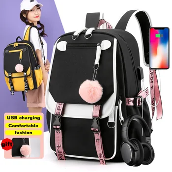 Големи училищни чанти за момичета Usb порт платно училище раница студентски чанта за книги Черно розово юношеството училище раница