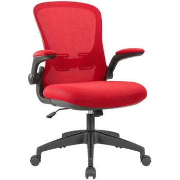 Мрежест офис стол Vineego със средна облегалка и лумбална опора, регулируеми по височина офис стол с откидывающимися подлакътници, червен