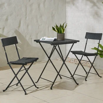 Луксозен домашен сгъваем комплект за тераса и бистро – маса и столове за кафе от ратан и стомана от 3 теми, черна градински мебели