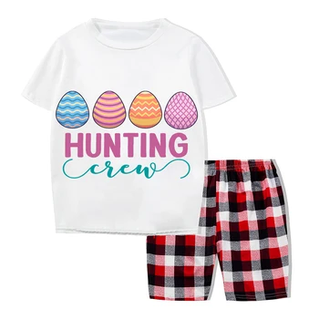 Еднакви пижами за великден семейството на изключителен дизайн, комплект бели пижам с великденски яйца за лов на екипа