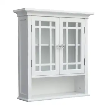 Подвижни дървени стенен шкаф с 2 стъклени врати, бял