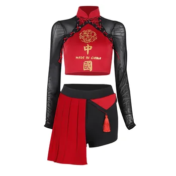 Чието сценично облекло Kpop в китайски стил, рейв-облекло за танцьорите Гого, женски костюм в стил хип-хоп, дрехи за партито в нощен клуб за момичета, червен празничен костюм
