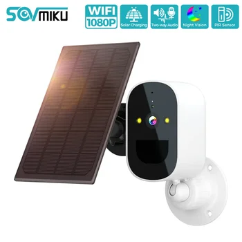 SOVMIKU 2MP WIFI Слънчево помещение, външна соларен панел, нощно виждане, двупосочна аудио, защита на охранителна камера за видеонаблюдение, акумулаторна камера