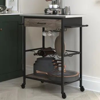 Многофункционална кухненска количка Nora, вино багажник и помещение за съхранение, неръждаема стомана и черен метал, кафяв