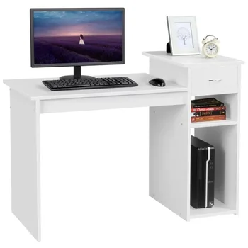 Работно бюро SMILE MART за домашния офис, компютърна маса с чекмедже и място за съхранение, бял