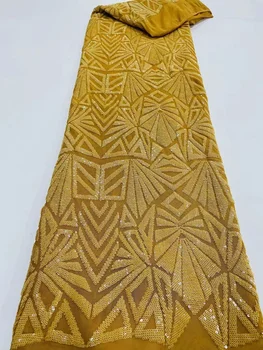 Жълт африканска лейси плат с пайети, с висококачествена френска тюлевая лейси плат, нигерийски завързана материал, 5 ярда за сватбена рокля
