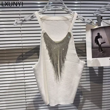 Lxunyi Модни дамски тениски на бретелях с бриллиантовыми пискюли и веригата, съкратен топ без ръкави, черно, бяло възли върхове за дамите