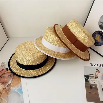Ракита сламена шапка, ръчно изработени с плосък покрив дамски британската модна шапка с защита от слънцето по ръба на Солнцезащитная шапка Празнична мода