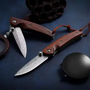 Дамасское с остър нож с дървена дръжка с висока твърдост, мини сгъваем джобен нож, ловен тактически нож за къмпинг универсален инструмент EDC