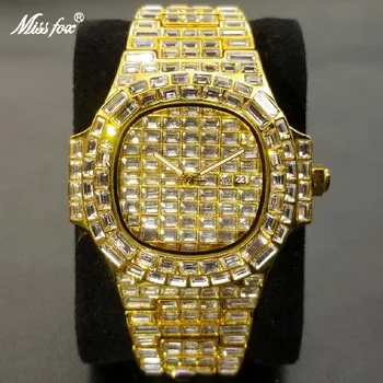 Новост 2023, мъжки часовник Ice Out, кварцов часовник от неръждаема стомана, най-добрата марка, луксозни хип-хоп, пълен муассанит, златни мъжки часовник, подарък