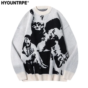 Хип-хоп и пънк вязаный пуловер голям размер Мъжки есен-зима пуловер с кръгло деколте и дълъг ръкав градинска облекло Унисекс Свободни пуловери Облекло