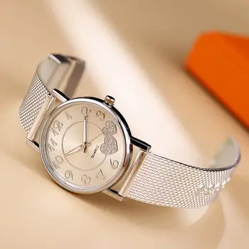 Дамски часовник с кръгла циферблат, елегантен точност ръководят водоустойчив подарък, модни бижута, сърцето си за любовта, лъскави, метални ръчни часовници с кристали