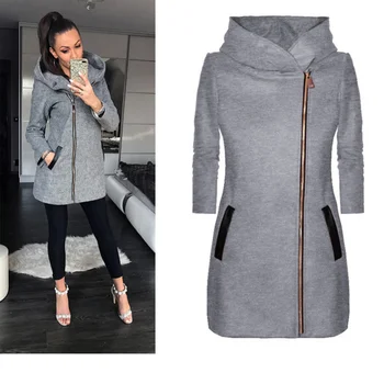 2022 Нова дамско зимно яке, палто, модно дамско палто със средна дължина на цип, пролет-есен, однотонное палто с качулка и дълъг ръкав