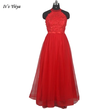 Вечерна рокля It ' s YiiYa, Червено Тюлевое рокля с бретелькой в областта на шията, Без ръкави, цип отзад, Трапецовидна форма, с Дължина до пода, по-Големи размери, Дамски официални рокли WZ001
