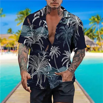 Модерен мъжки хавайска риза, мъжки ежедневни плажна риза Aloha с 3D принтом кокосовата палма, къс ръкав, по-големи размери, camisa Hawaiian 5XL