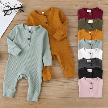 Летни дрехи Унисекс за новородено, монофонични детски гащеризон, памук гащеризон с дълъг ръкав за деца, дрехи за бебета 3-18 месеца