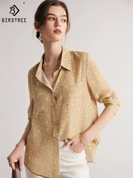 Birdtree 100% естествена коприна, дамски ризи с принтом, гърдите джоб, однобортные шик блузи и офис на женския топ с дълги ръкави, нов T37234QM