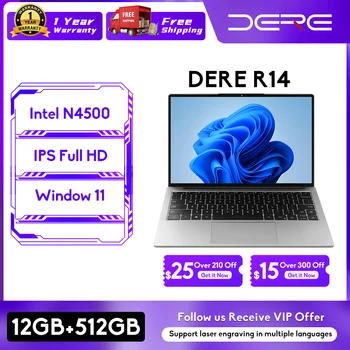 Лаптоп DERE R14 14-инчов Intel Celeron N4500 IPS Full HD 12 GB оперативна памет + 512 GB SSD Офис модул за Обучение Windows Компютър 11 Лаптоп