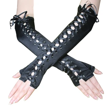 Секси костюми за cosplay, дантела, вечерни ръкавици, дамски черни сатенени дълги ръкавици, ръкавици без пръсти, ръкавици с дължина до лакътя