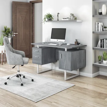 Модерен офис бюро с място за съхранение, сиво компютърен стол