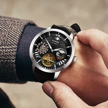 HANBORO автентични мъжки часовник Напълно автоматични механични часовници с кухи турбийоном водоустойчив светещи бизнес мъжки часовник