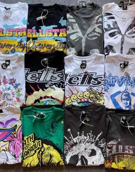 Многоцветен тениска Hellstar, Лятна Нова тениска с Абстрактно Писмото Принтом HELLSTAR, Мъжки И Дамски Свободна Тениска С Къс Ръкав, Реална Снимка