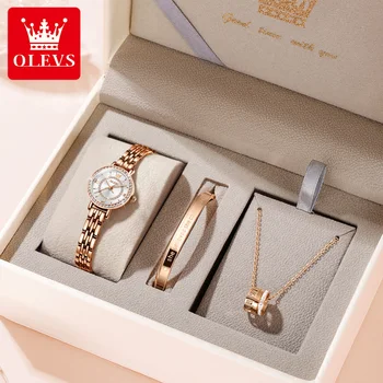 OLEVS 5508, луксозни дамски часовник, подарък кутия с wsop гривна, колие, водоустойчив кристали, малки дамски кварцов часовник, дамски