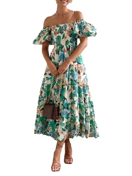 Женствена рокля-люлка с Флорални принтом, отворени рамене, Стилна Лятна рокля Свободно намаляване с Къс ръкав за луксозен начин на