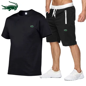2023 Благородна пролетно-лятна нова мъжки ежедневни спортни памучен тениска с кръгло деколте и къс ръкав + casual комплект спортни панталони