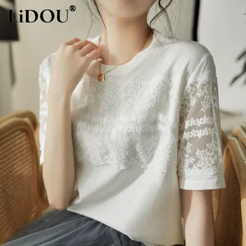 Блузи, дамски тениска, пролет-лято, пуловер с кръгло деколте и къс ръкав, лейси отворена елегантност, модерен монофонични Свободен офис женски корейски