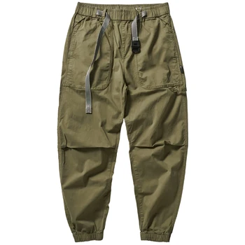 Пролет-лято нови японски ретро улични тънки панталони-карго от 98% памук, выстиранные свободни ежедневни панталони с завязками на щиколотках, 9 точки