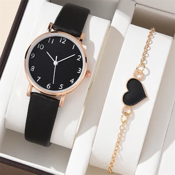 Нови дамски часовници-гривни, модни ежедневни дамски часовници на кожени колана си, прости дамски кварцов часовник с кръгла циферблат, подаръчен комплект