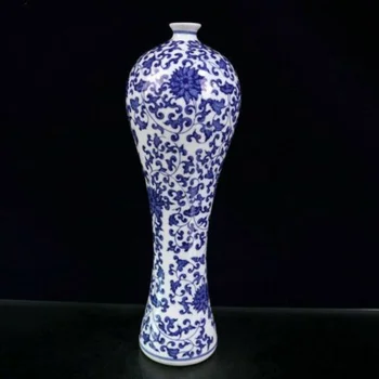 Изискана китайски старинни синьо-бялата порцеланова ваза с переплетением лотосов ръчно изработени 3