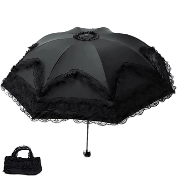 Дантелен чадър за предпазване от слънце и ултравиолетови лъчи, дамски принцеса, 3 сгъваеми пътни ветрозащитных чадър, шезлонг с черно покритие, луксозен Paraguas