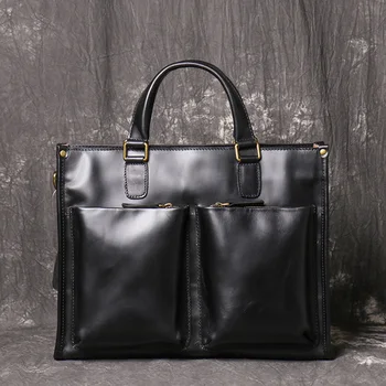 Реколта мъжка чанта-портфейл, мъжки чанти през рамо от естествена кожа, мъжки чанти кафяв цвят, бизнес 14-инчовата чанта за лаптоп, чанти за рамо