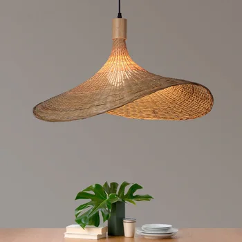 Висящи лампи в източна тръстика сламена шапка от бамбук, модерна и креативна лампа ръчна изработка за хола, маса полилей за вашия интериор на ресторант