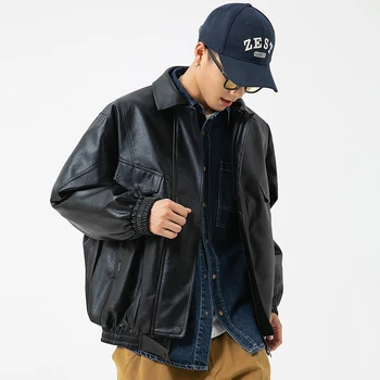 Мъжко кожено яке в стил хип-хоп, нова, японска ежедневни однотонная яке от изкуствена кожа оверсайз, мъжко палто #8128