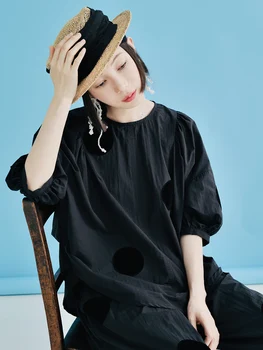 IMAKOKONI Оригинален дизайн, черен пуловер в грах с къс ръкав, тениска, без тънък случайни най-годишен женски 223688