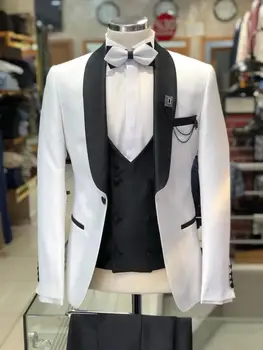 Класически и стилен мъжки костюм с ревера от черни шалове за сватби и абитуриентски балове
